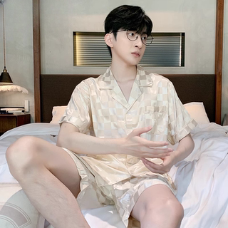 Ice Silk Pajamas for Men, Summer 2025 New Style, Spring and Autumn Thin Short-Sleeved Shorts, Can Be Worn Outside, Home Wear, High-End Set