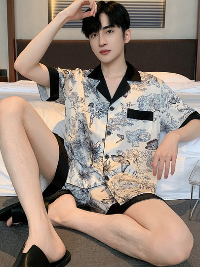 Ice Silk Pajamas for Men, Summer 2026 New Style, Satin Long-Sleeved, Imitation Silk, Suitable for All Seasons, Two-Piece Home Wear Set