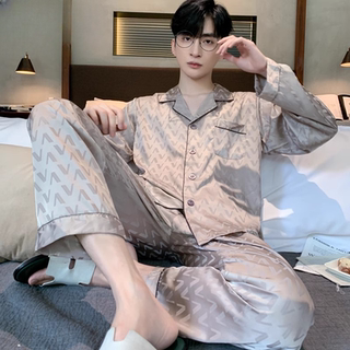Ice Silk Pajamas for Men, Summer 2025 New Style, Spring and Autumn Long-Sleeved Long Pants, Imitation Silk High-End Home Wear Set