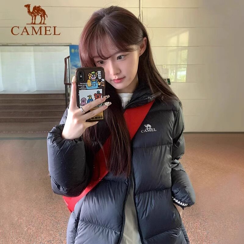 Camel outdoor down jacket men's and women's winter 2024 new hooded cropped black men's thicker warm breadsuit