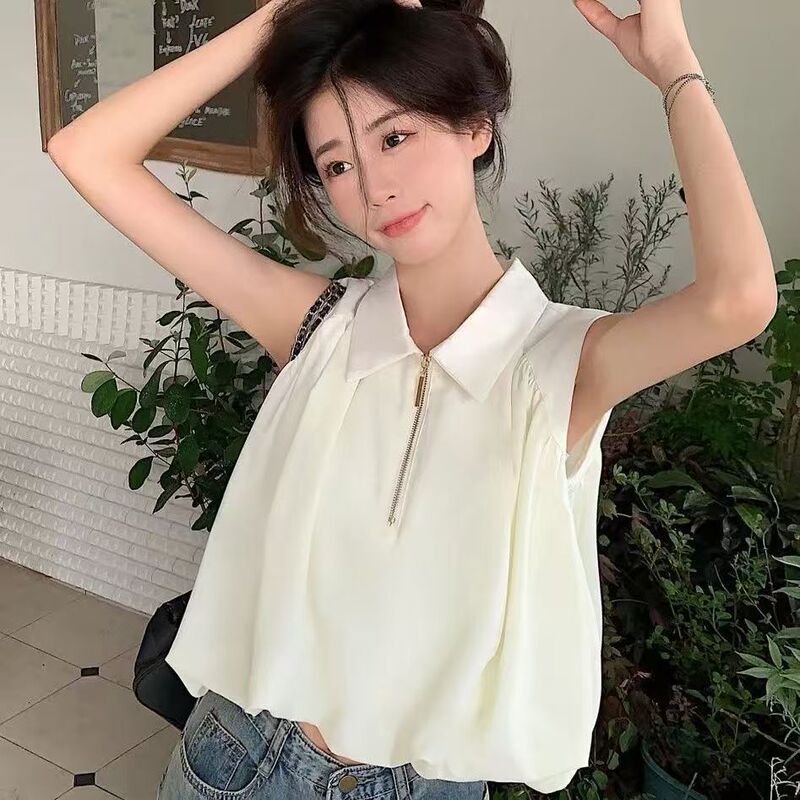 Sleeveless Half-Zip Vest Lapel Shirt for Women, Loose-Fitting Belly-Covering Shirt, New Summer Style Short Top for Women