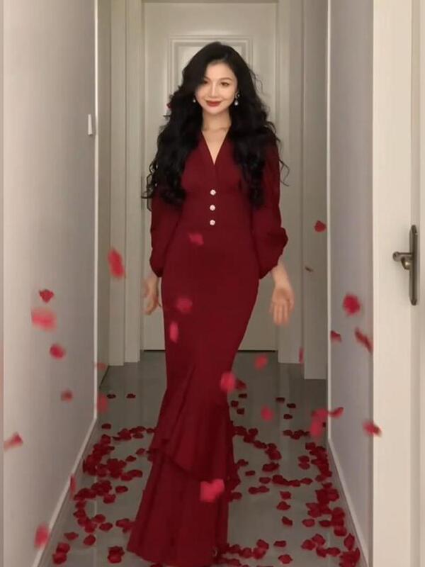 Plus-Size French-Style Elegant and Mature Long-Sleeved Dress for Women in Spring, Feminine and Slimming, Waist-Cinching Fishtail Long Dress