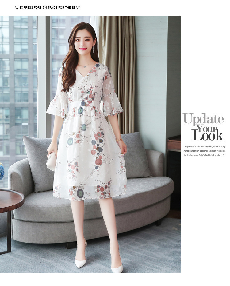 VK旗艦店 韓國風雪紡氣質超仙顯瘦收腰喇叭袖長袖洋裝