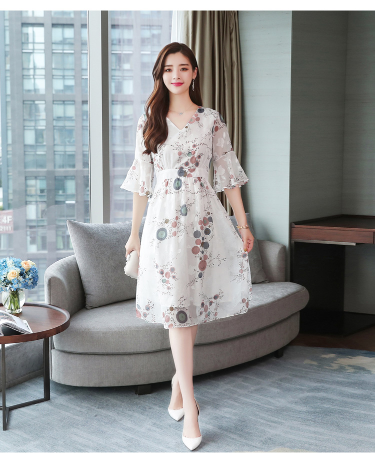 VK旗艦店 韓國風雪紡氣質超仙顯瘦收腰喇叭袖長袖洋裝