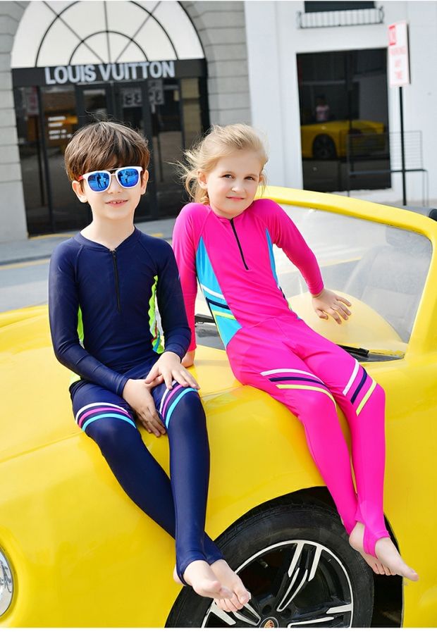 Dolce Bell New Fashion Beach Surf Boy Áo tắm dài tay Quần Big Boy Kem chống nắng Cô gái Xiêm áo bơi trẻ em