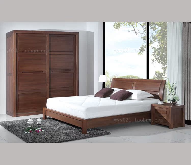 Đồ nội thất bằng gỗ sồi nguyên chất phòng ngủ gỗ bốn mảnh bộ đồ nội thất hiện đại tối giản màu gỗ tối ghế sofa thông minh