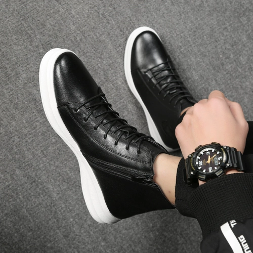 Демисезонные черные кожаные высокие короткие сапоги для отдыха для кожаной обуви для мальчиков, из натуральной кожи