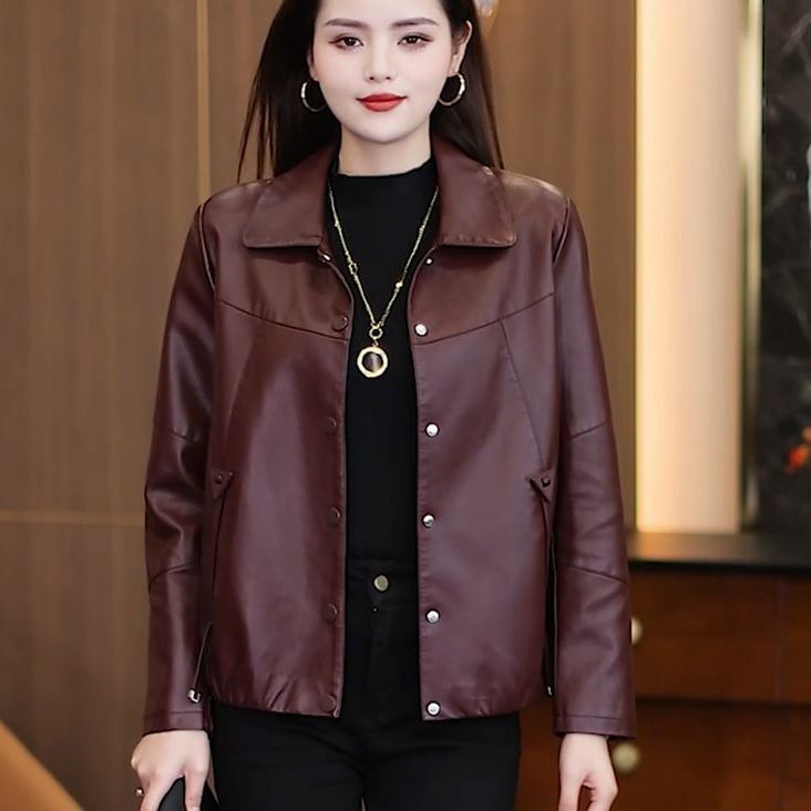Haining Short Leather Jacket for Women 2025 Spring and Autumn New Stylish Pointed Collar Slimming Versatile Top