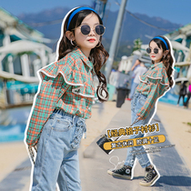 Girl Plaid Shirt Spring Dress 2022 New Ocean Gas Children Lotus Leaf Side Shirt CUHK Boy Baby Long Sleeve Blouse