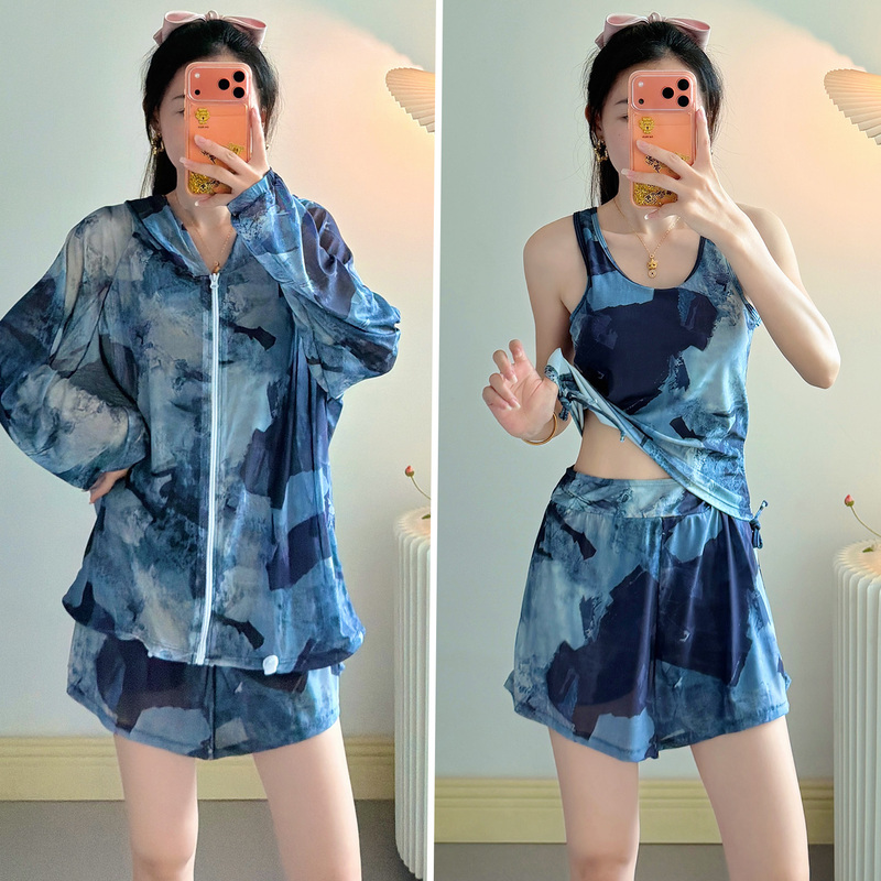 Vacation Swimsuit Three-Piece Set with Long-Sleeved Cover-Up, Quick-Drying, Conservative, Body-Covering, Sporty Style, Training, Hot Spring Swimwear