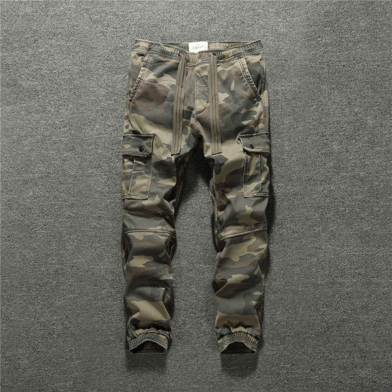 Autumn and winter men's American slim casual pants plus plush thick multi-pocket cargo uniform camouflage trousers corset pants