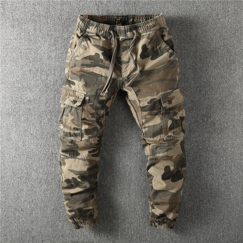 European and American retro men's slim multi-pocket cargo camouflage casual trousers Autumn and winter cotton thick jogging bottoms