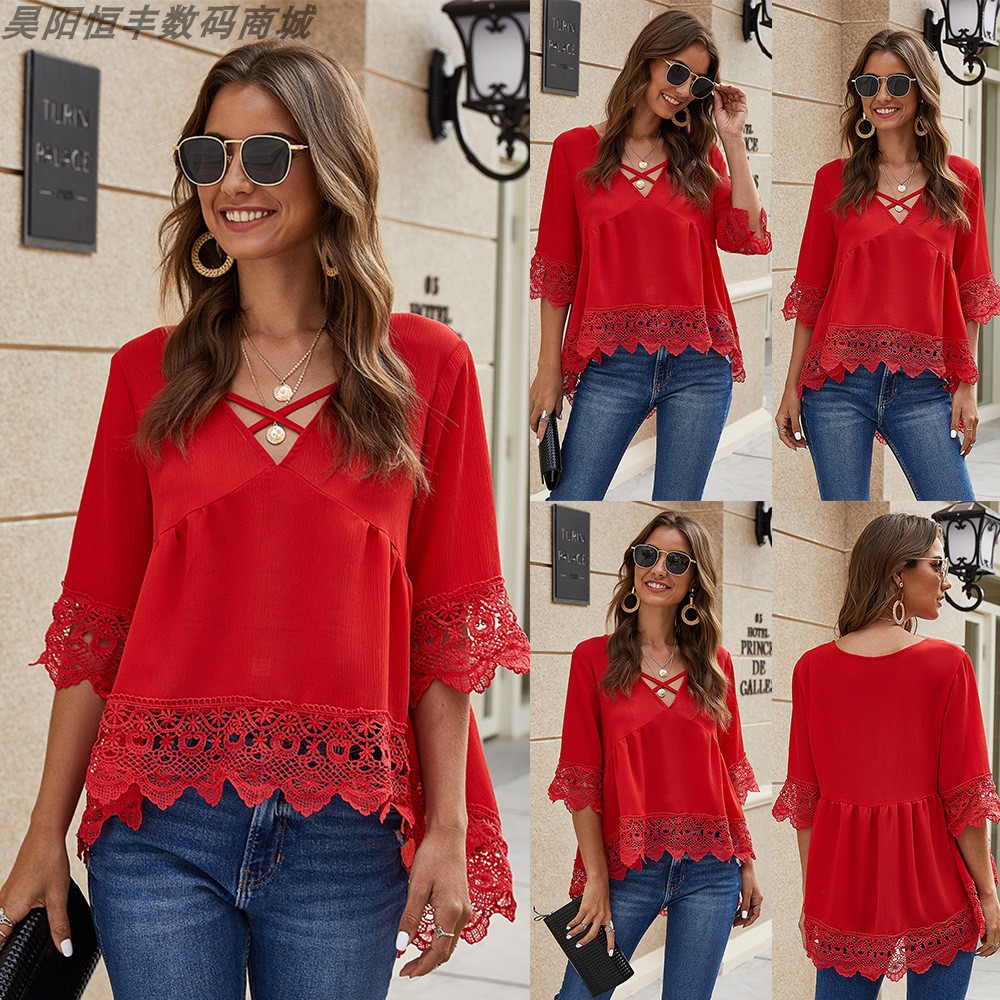 Women summer casual v-neck Chiffon lace shirt blouse tops