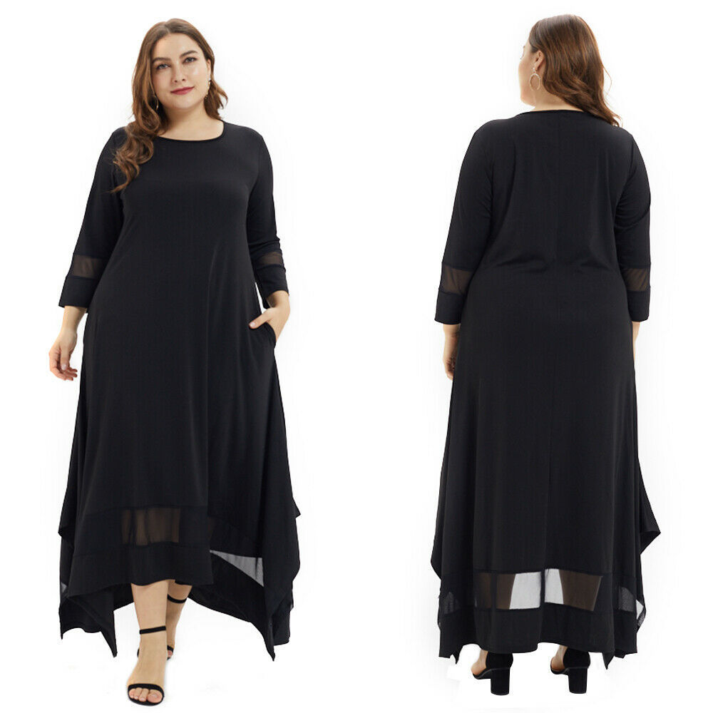 Fat Womens autumn big size black long sleeve long dress 5XL