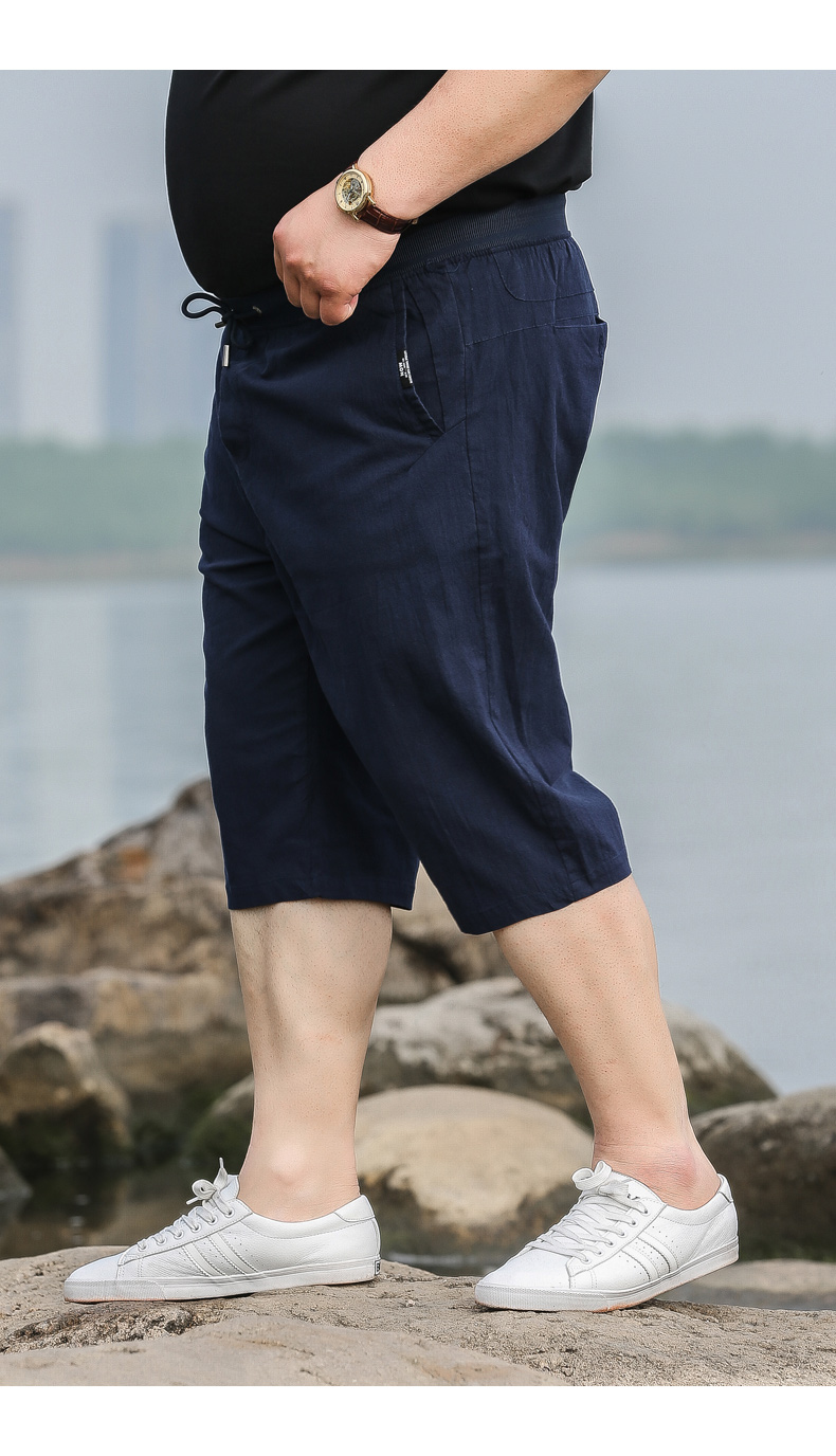 Cộng với phân bón XL nam quần short giản dị chất béo phần mỏng quần cotton màu rắn căng sáu quần lỏng ống túm quần áo big size nam