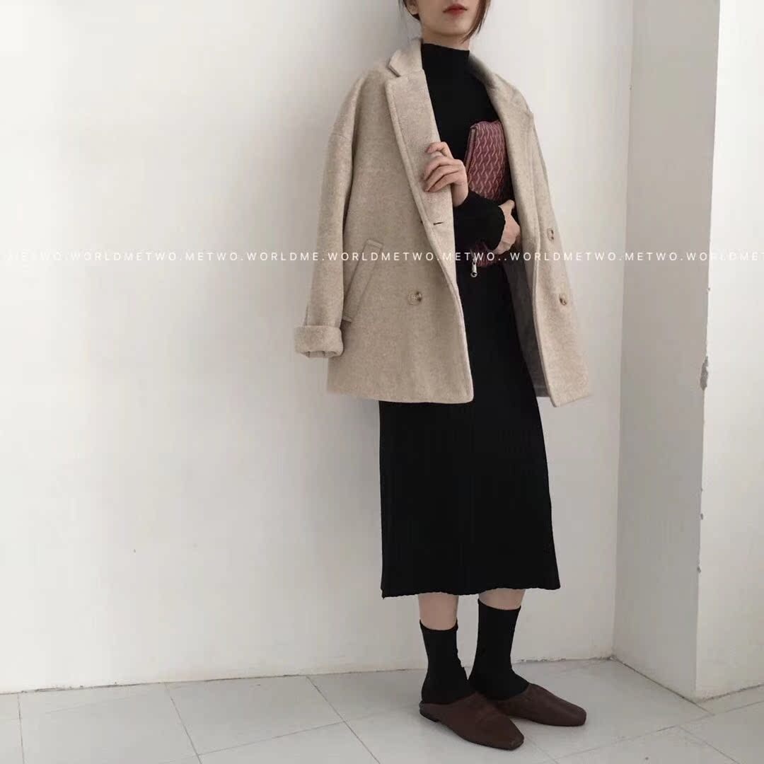 METOO 2018 mùa thu mới đơn sắc cổ điển áo len ngắn bằng vải len mỏng và nhỏ áo khoác nữ 2021