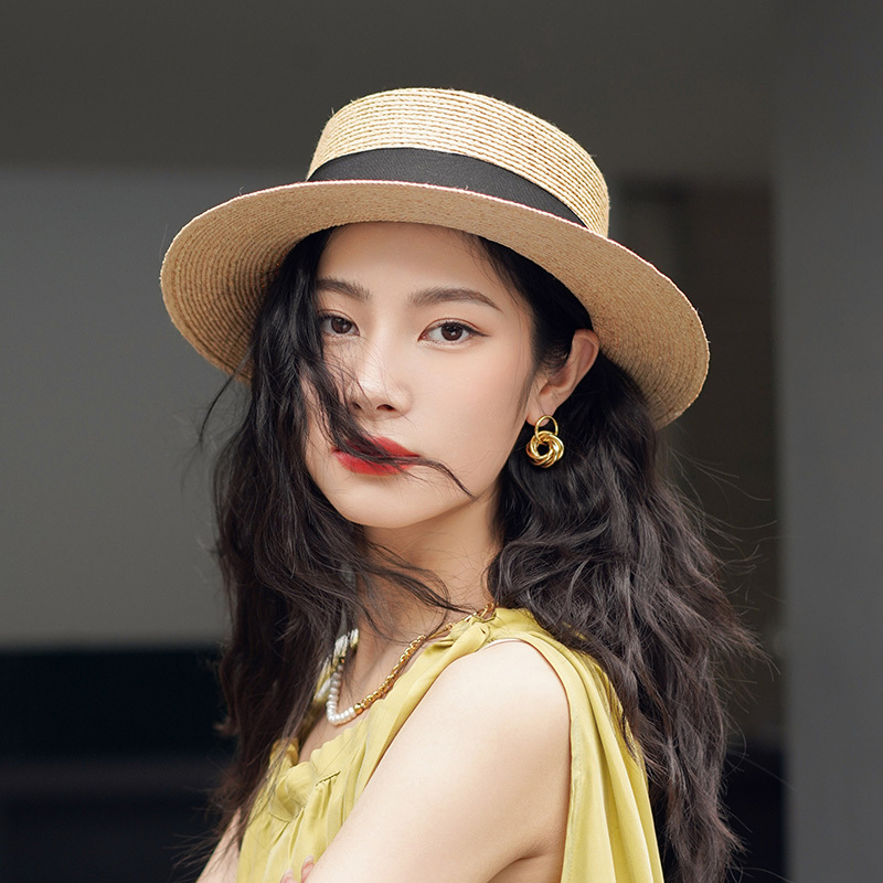 Mad Hatter Fresh Style Raffia Material Breathable Straw Hat for Women Shopping and Outings Flat Top Sun Hat for Spring and Summer