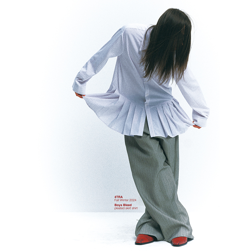 4Tra 24Aw Pleated Skirt Shirt Loose Striped Long-Sleeved Shirt