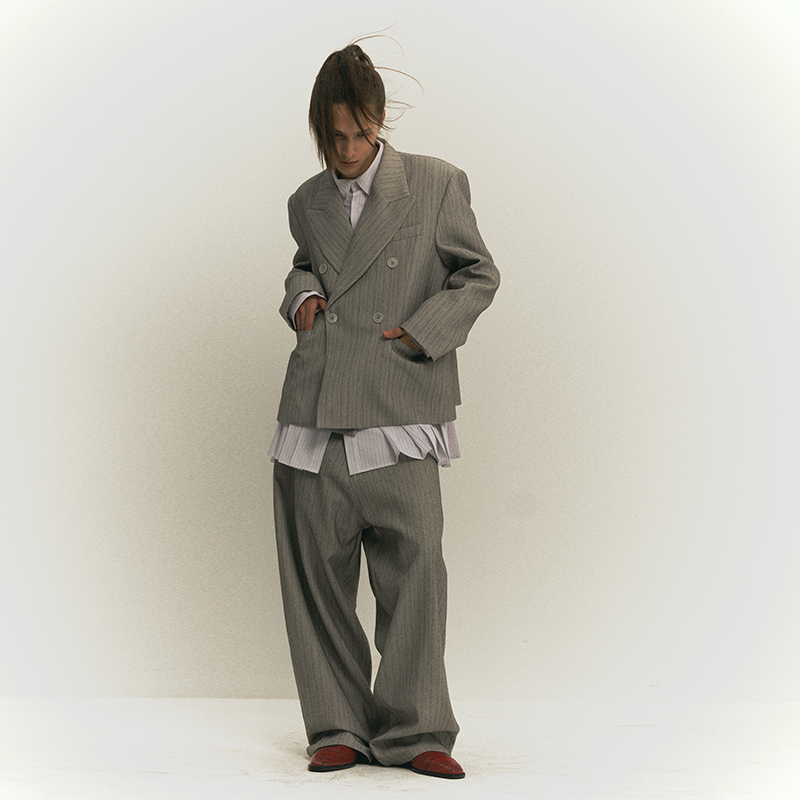 4Tra 24Aw Staff Herringbone Suit Set Gray Blazer Wide-Leg Suit Pants