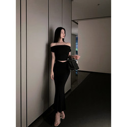 DFAY all black fishtail suit one-line off-shoulder top high-waist slim fishtail skirt two-piece set for women