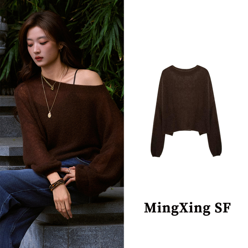 Sun Qian's Same Style Off-Shoulder Knit Sweater for Women, High-End Long-Sleeve Sweater, Early Spring Sunny Peach Hollow-Out Off-Shoulder Top