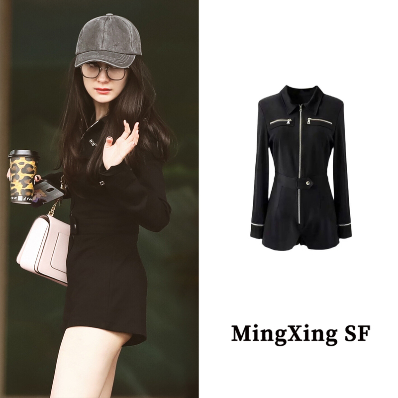 Yang Mi Celebrity Style Black Long-Sleeve Jumpsuit for Women, 2026 Autumn Slim-Fit Sexy Hot Girl One-Piece Romper Shorts Yang Mi Celebrity Style Black Long-Sleeve Jumpsuit for Women, 2026 Autumn Slim-Fit Sexy Hot Girl One-Piece Romper Shorts