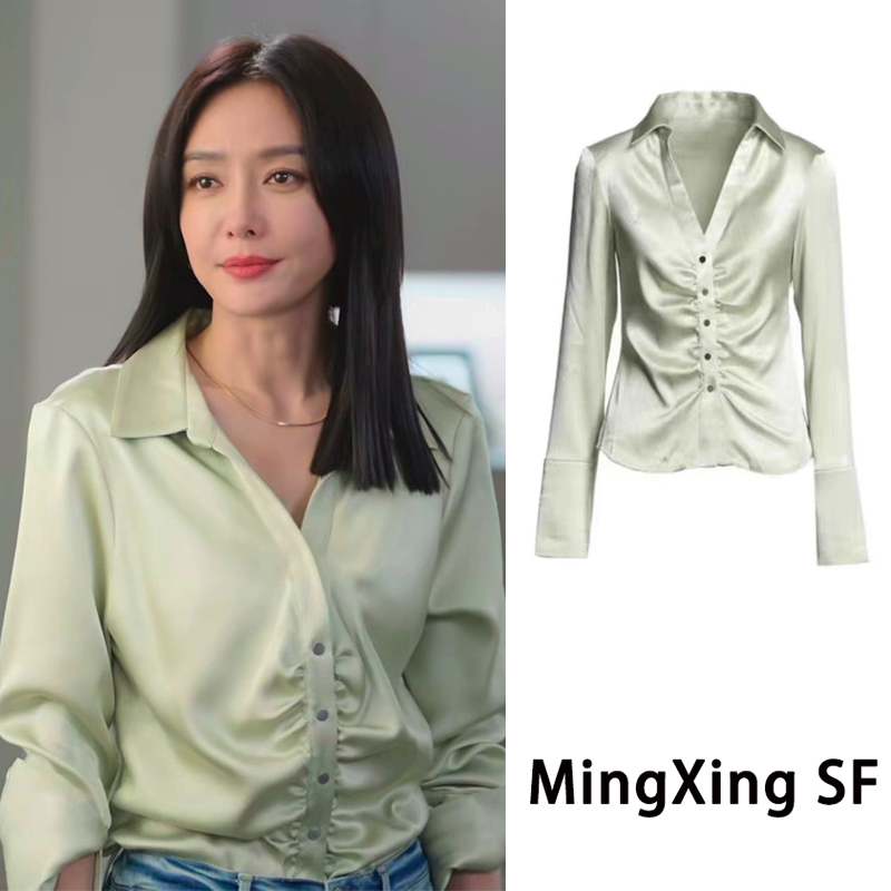Qin Lan's Same Style Green Shirt for Women, Suitable for Petite Figures, with a High-End, Light Luxury, Age-Reducing, and Stylish Celebrity Look