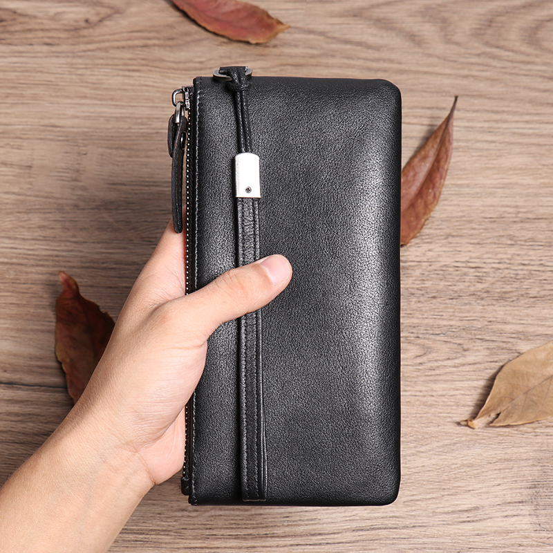 Mr. Mirror Men's Leather Clutch Cowhide Long Zipper Wallet Simple Slim Handbag Japanese Cell Phone Bag