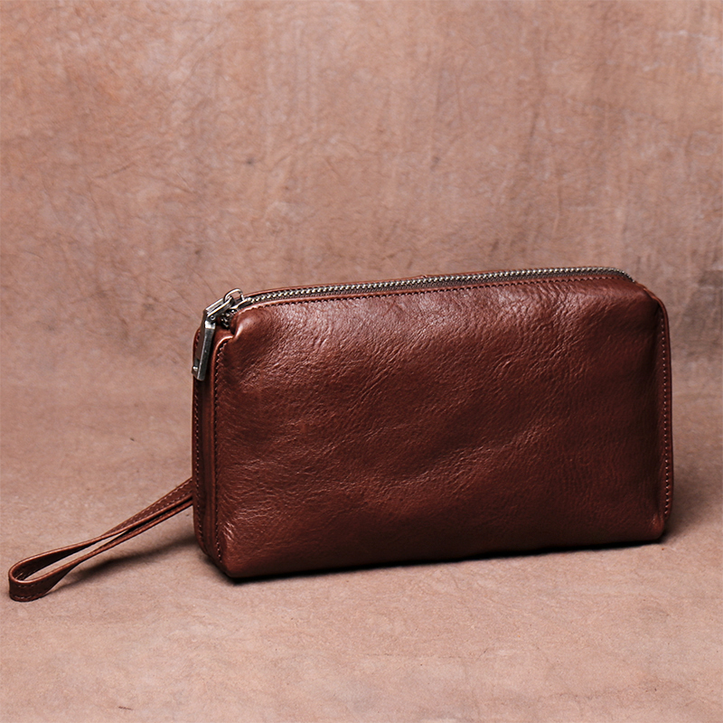 Men Genuine Leather Handbag Soft Leather Hand Grab Bag Retro Plant Tannic Leather Long Version Wallet Casual Mobile Phone Bag Minimalist Hand Grip Bag