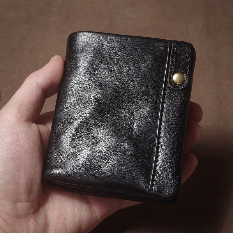 High-End Genuine Leather Wallet, Short Style, Unisex Small Card Holder, First Layer Cowhide, Lightweight Wallet, Vintage Vegetable-Tanned Leather Coin Purse