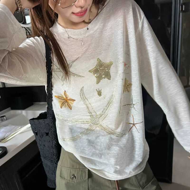 Xiaoxiangxiu Style~ Lucky Starfish Rhinestone Print Long Sleeve Sunscreen T-Shirt for Women, Thin Summer New Loose Top Trendy
