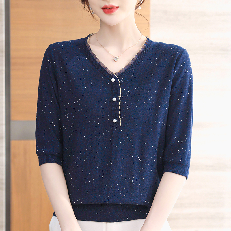 Shengyu Bamboo Clearance Sale Summer New Mulberry Silk Short Sleeve T-Shirt Women's V-Neck Lace Trim Sequin Half Sleeve Top