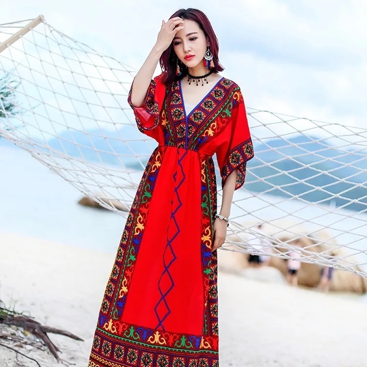 Thai National Wind Long Dress 2022 Summer New Bohemian Ocean Dress Woman Bali Seaside Holiday Beach Dress