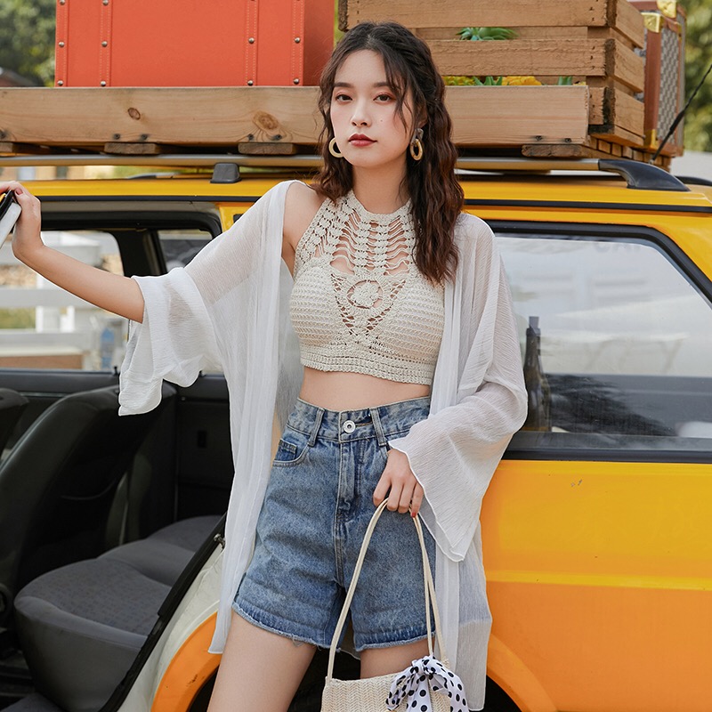 Seaside vacation chiffon cardigan beach outside with sunscreen swimsuit bikini blouse can be launched into the water small shawl jacket woman