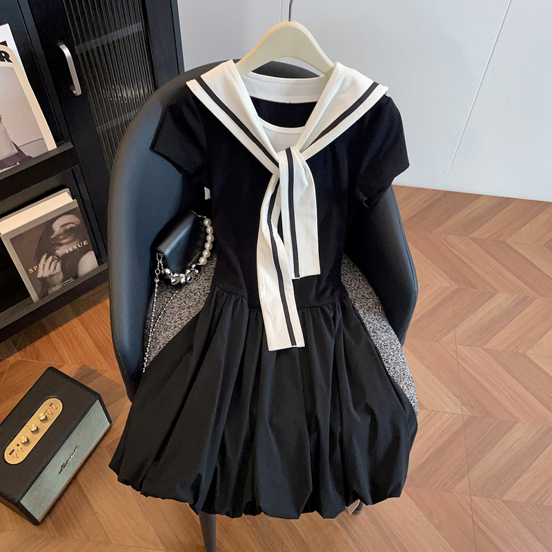 In Stock】Shenzhen Nanyou High-End Women's Fashion 2026 Summer Academy Style Navy Collar Vest Floral Knit Dress