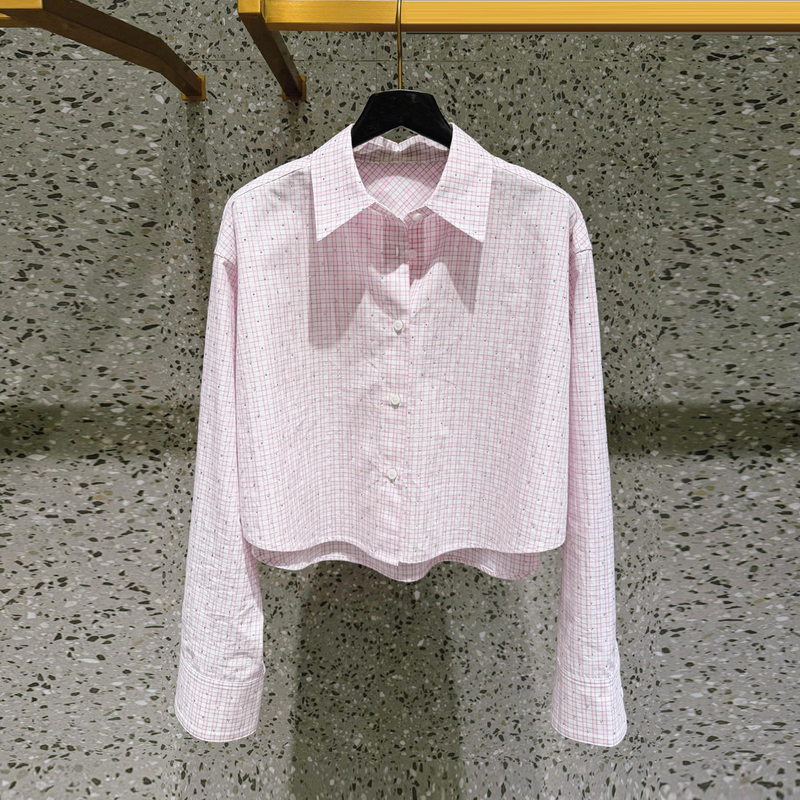 Shenzhen Nanyou High-End Women's Clothing 2026 Spring/Summer New Sweet and Gentle Style Lapel Rhinestone Plaid Shirt Top
