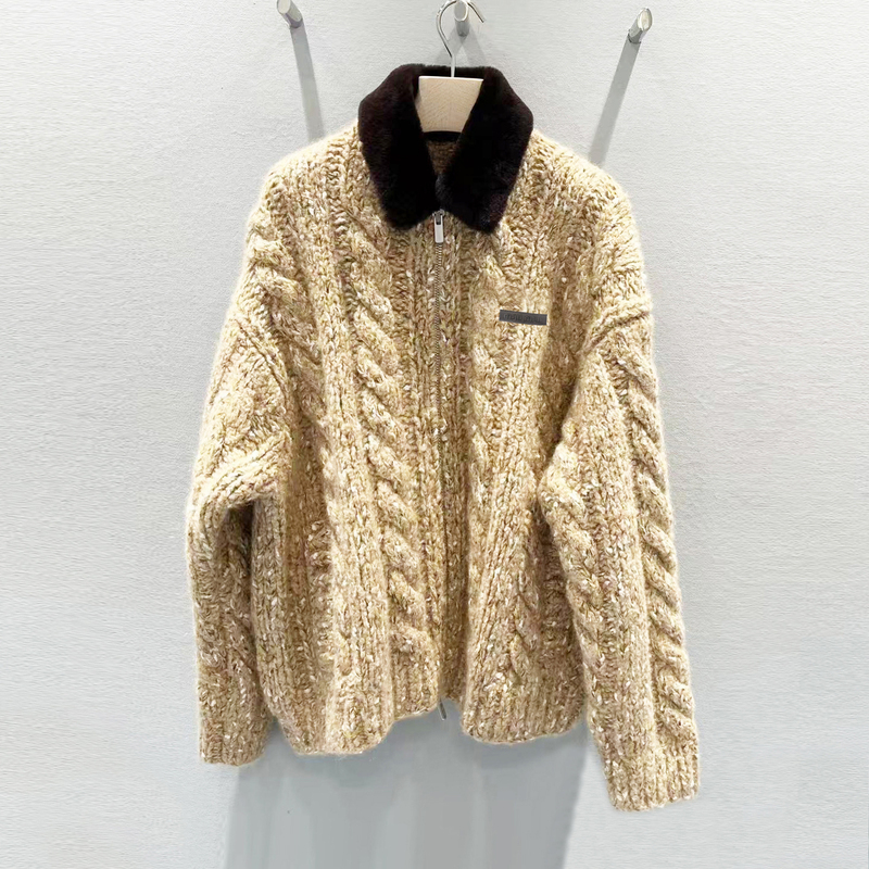In Stock】Shenzhen Nanyou High-End Women's Clothing Autumn and Winter Casual Polo Collar Cable Knit Cardigan Sweater Jacket