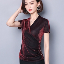 V-Neck Cross T-shirt womens summer dress new slim body Belly Belly Belly shiny silk shirt Joker with wide leg pants top