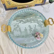 Deposit in stock full amount 1550 Murano rare color mint green acid-engraved mirror tray slightly oxidized