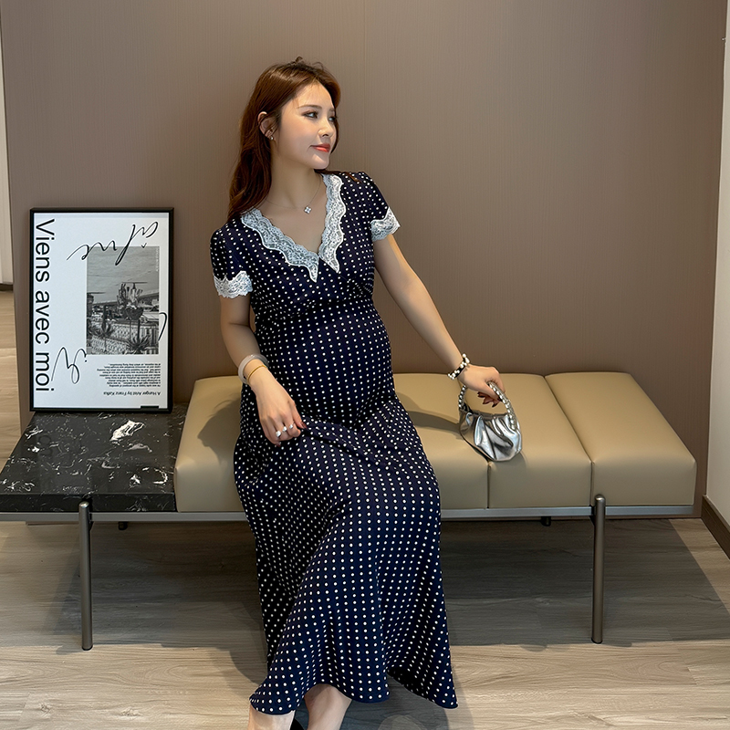 Umi Maternity Wear Summer New Style Pure Lace V Neck High-End Lace Short-Sleeved Polka Dot Tea Break Vacation Dress Umi Maternity Wear Summer New Style Pure Lace V Neck High-End Lace Short-Sleeved Polka Dot Tea Break Vacation Dress