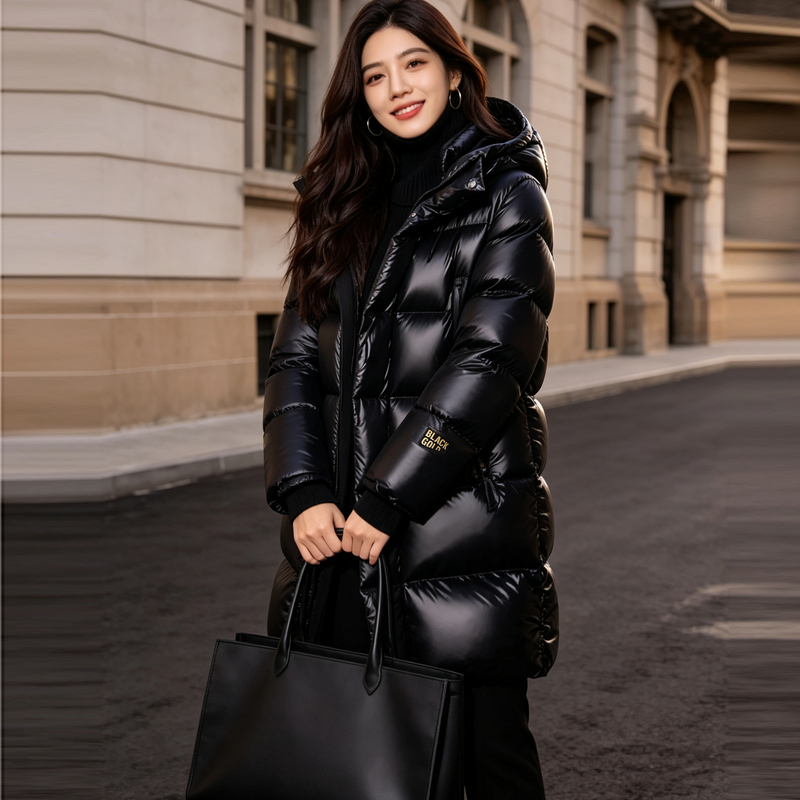Yang Mi Style】Black Gold Goose down Jacket for Women, Mid-Length, 2026 Winter Fashion, Hooded, Thickened, Warm Coat Yang Mi Style】Black Gold Goose down Jacket for Women, Mid-Length, 2026 Winter Fashion, Hooded, Thickened, Warm Coat