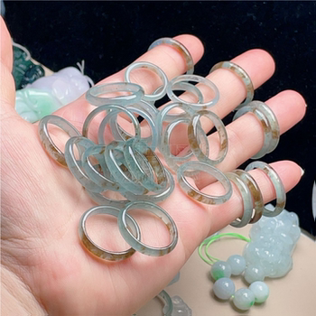 Natural jadeite ice ring, clear water, green, floating yellow and gold