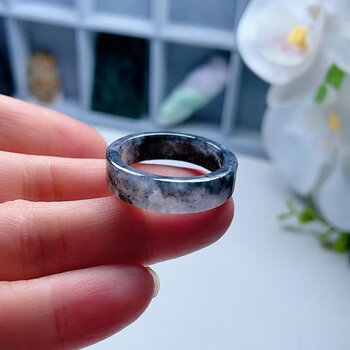 Natural jadeite square ring with milky white black chicken floating flower artistic conception