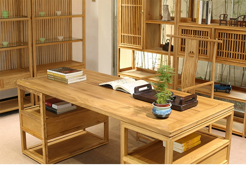 Đồ nội thất cũ không sơn cây du, bàn thư pháp mới của Trung Quốc, bàn viết bằng gỗ nguyên khối, bàn học thiền, bàn trà và tủ đựng tranh kết hợp - Bàn