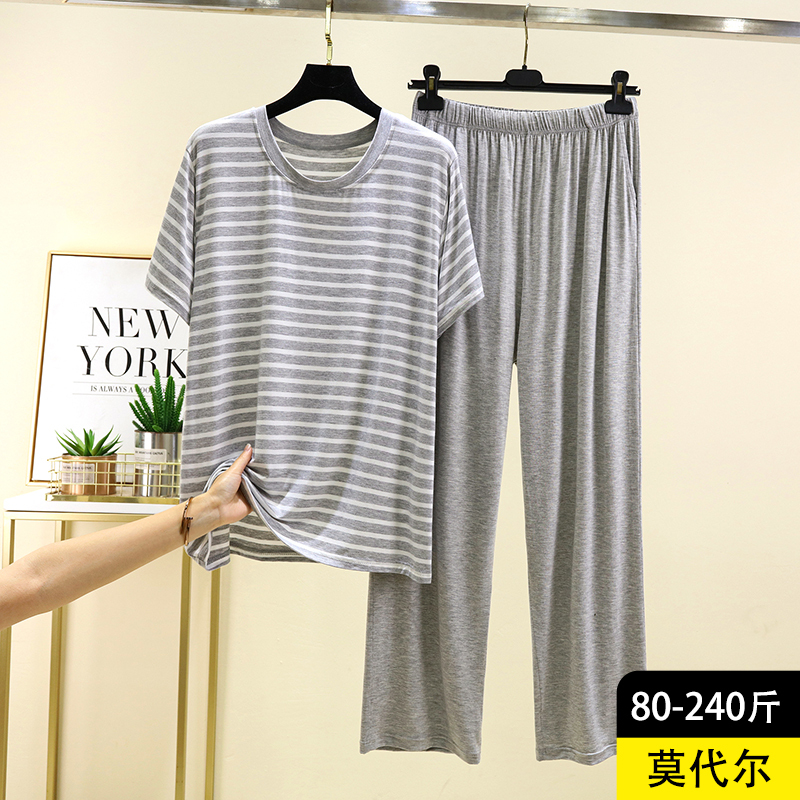 Modal Striped Loungewear Set Summer Men's Round Neck Pajamas Casual Large Size Short-Sleeved Long Pants Two-Piece Set Modal Striped Loungewear Set Summer Men's Round Neck Pajamas Casual Large Size Short-Sleeved Long Pants Two-Piece Set