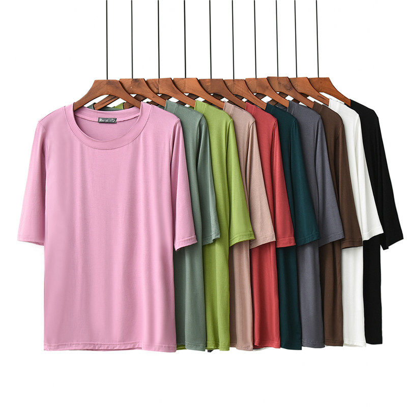 Thin modal cotton five-point sleeve T-shirt women's summer round neck three-point sleeve bottoming shirt loose thin top ice silk short sleeve