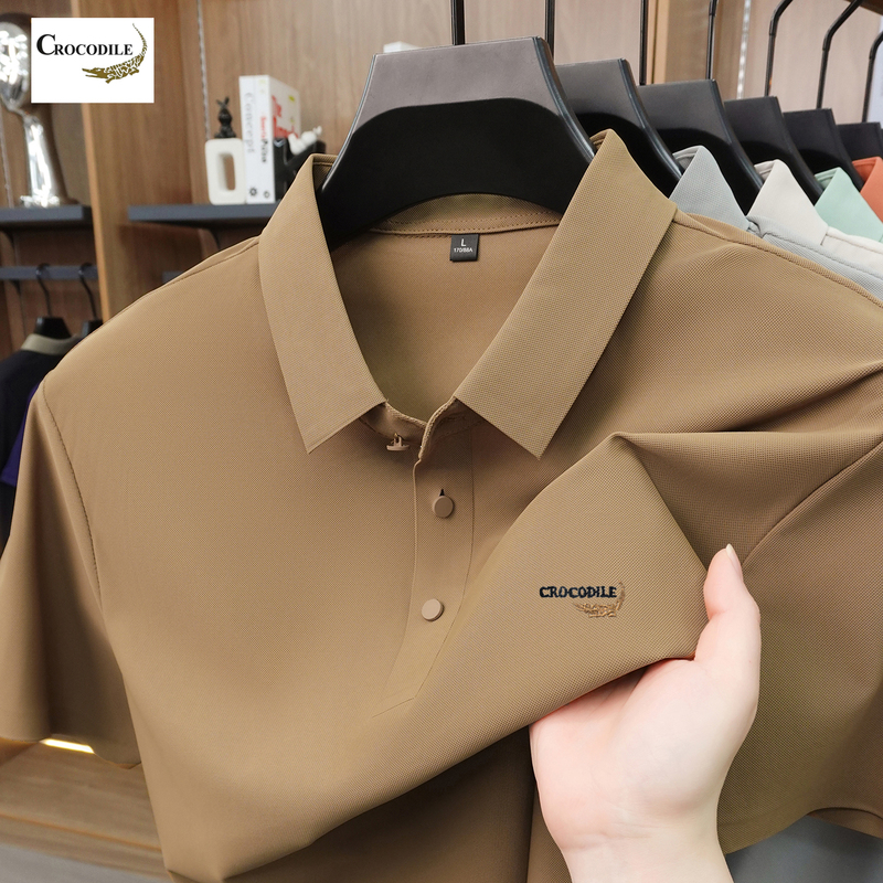 【Cooling Nylon Ice Silk】Crocodile Men's Polo Shirt Short Sleeve 2026 Summer Style Turn-Down Collar T-Shirt Top for Dad
