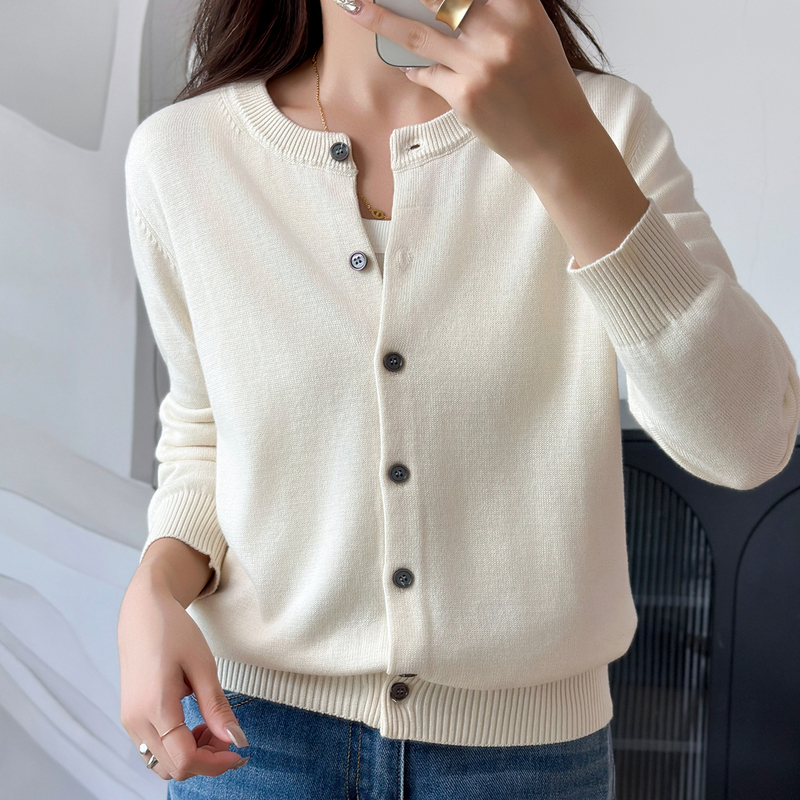 100% Pure Cotton Knitted Round Neck Cardigan for Women, Solid Color Simple Sweater Jacket, Loose and Versatile Top, Base Layer Shirt