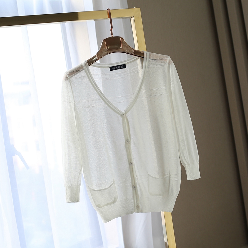 Mùa hè mới phần mỏng cotton và lanh áo len ngắn lỏng áo len nữ điều hòa áo sơ mi chống nắng áo sơ mi thoáng khí bên ngoài rỗng áo len đỏ