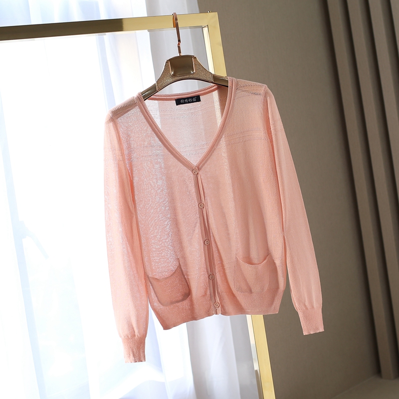 Mùa hè mới phần mỏng cotton và lanh áo len ngắn lỏng áo len nữ điều hòa áo sơ mi chống nắng áo sơ mi thoáng khí bên ngoài rỗng áo len đỏ